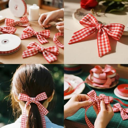 QingHan Red and White Gingham Ribbon: 5/8 Inch 25 Yards for Crafts Gift Wrapping - color: Red/White