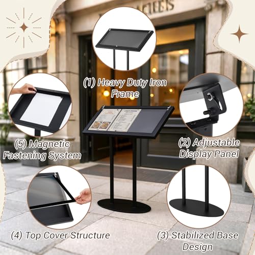 Metal Enclosed Bulletin Menu Board, 3 x (8.5 x 11) Inches Freestanding Menu Stand Menus Holder Floor Standing, Pedestal Advertising Display with Cover, 14 Magnetic Clasp Included, Black