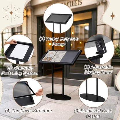 Metal Enclosed Bulletin Menu Board, 3 x (8.5 x 11) Inches Freestanding Menu Stand Menus Holder Floor Standing, Pedestal Advertising Display with Cover, 14 Magnetic Clasp Included, Black