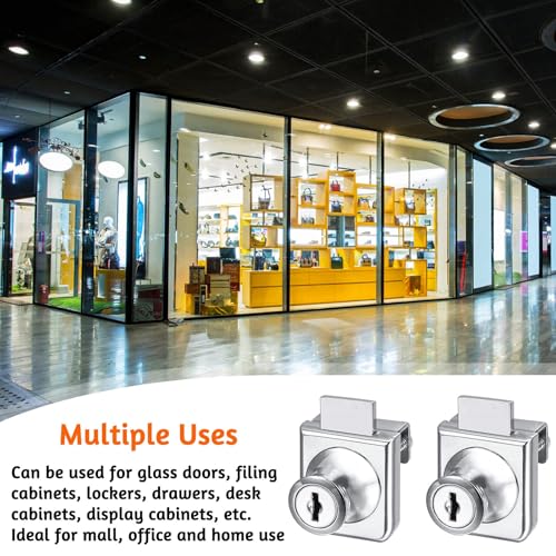 2 Pack Glass Cabinet Lock Single Glass Door Locks Display Cabinet Replacement Locks for 5-8mm Glass Door Separate Key Without Drilling, Zinc Alloy (with 4 Keys)