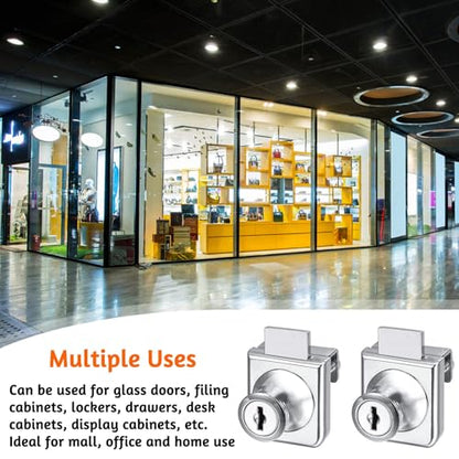 2 Pack Glass Cabinet Lock Single Glass Door Locks Display Cabinet Replacement Locks for 5-8mm Glass Door Separate Key Without Drilling, Zinc Alloy (with 4 Keys)