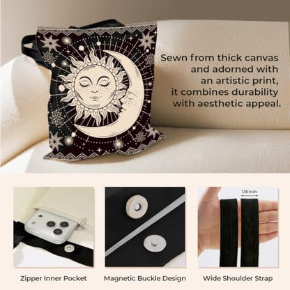 Cute Canvas Tote Bag for Women, Book Totebag with Zipper Pocket - color: Sun and Moon