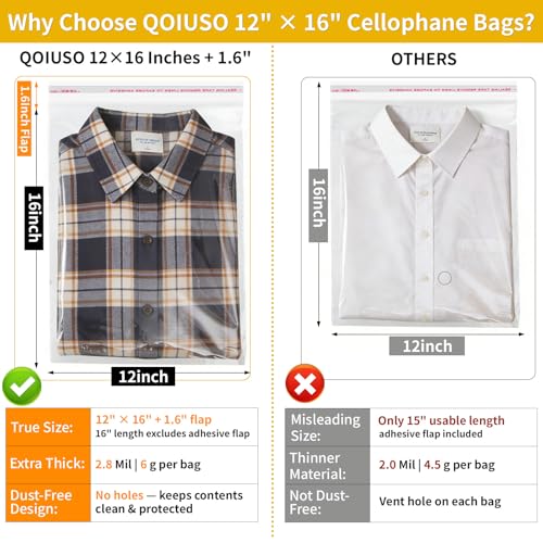QOIUSO Clear Self‑Sealing Cellophane Bags 12x16 Inches, 60Pack Clear Plastic Poly Shipping Bags for Clothing Shirt Small Business Packaging Storage & Mailing - color: 12x16 Inch - 60Pcs