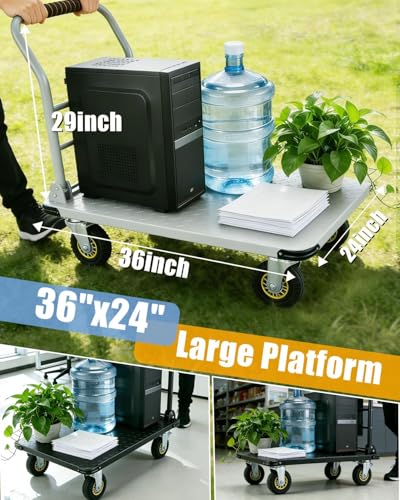 Heavy Duty 1800LBS Steel Platform Cart – 36"x24" Collapsible Flatbed Utility Dolly, 6" Lockable Swivel Wheels, Hand Truck for Warehouse, Garage, Moving - color: Sliver-1800lbs