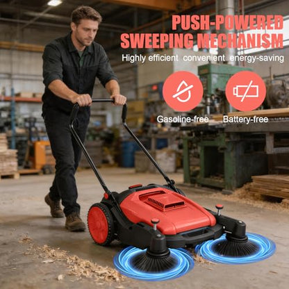 43" Walk-Behind Hand Push Floor Sweeper, 15 Gallon Waste Container, 46000 Sq Ft/H Efficiency, Angle & Height Adjustable Folding Handle for Yard, Garage, Patio & Walkway Cleaning (Red) - color: Red