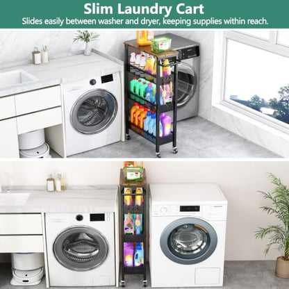 Vivihomety 4-Tier Slim Utility Rolling Laundry Cart with Wheels, Metal - color: Black, size: 7.1 inch wide