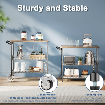 Rolling Kitchen Carts with Wheels, 3-Tier Utility Cart with Wood Tabletop - color: Wood-black
