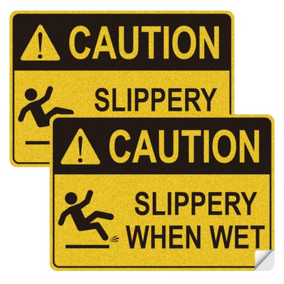 Slippery When Wet Sign, 10 x 7 Inch 2 Pack Caution Wet Floor Vinyl Sticker | Reflective Waterproof Warning Sign Decal, Fade Resistant Safety Sign for Commercial, Office, Warehouse, Restaurant