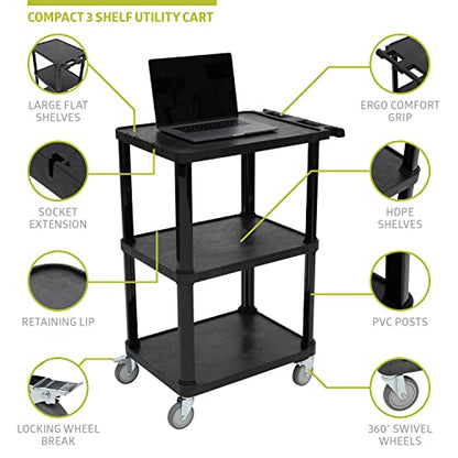 Pearington 3-Tier Compact Multi-Purpose Plastic Utility Cart with Lockable Wheels up to 300LBS, Black - size: 3 Shelves