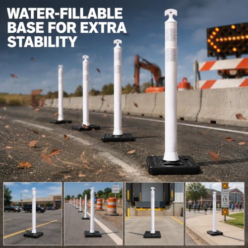 BESEA 6 Pack 42 Inch Traffic Delineator Cones with Water-Fillable Base - color: White, size: 42"- Waterfilled Base