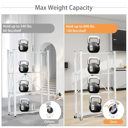 4-Tier Folding Shelf with Wheels No Assembly Portable Shelves - color: White, size: 4 Tier