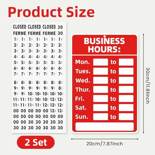 Business Hours Open Closed Sign Kit 2 Set, 11.81"x 7.87" Red White Operation Signs for Glass Door Window Store Office