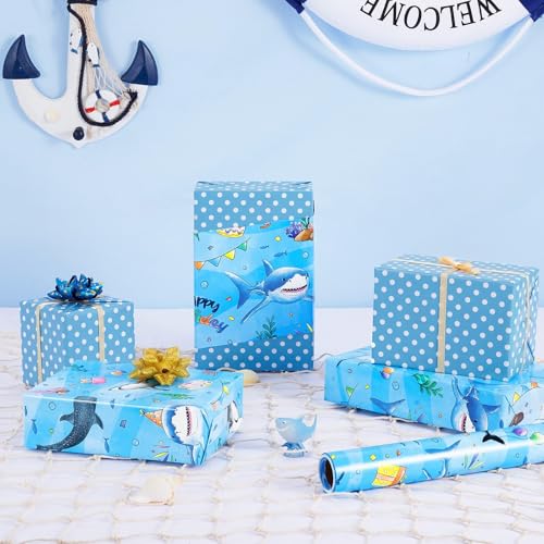 WERNNSAI Shark Reversible Wrapping Paper, 33ft Blue Baby Wrapping Paper - color: Blue Shark