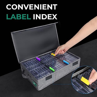 Cassette Tape Storage Box Pack of 3, Durable Cassette Tape Holder 16.34 x 9.25 x 3.54 Inch with Lids and Index Labels to Store 144 Cassette Cases - Gray - size: TAPE-3 Pack