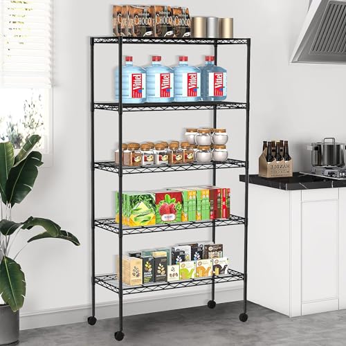 5 Tier Wire Shelving Unit with Wheels, 30 x 14 x 61 Metal Rack - color: Black, size: 13.9"D x 30"W x 61.2"H