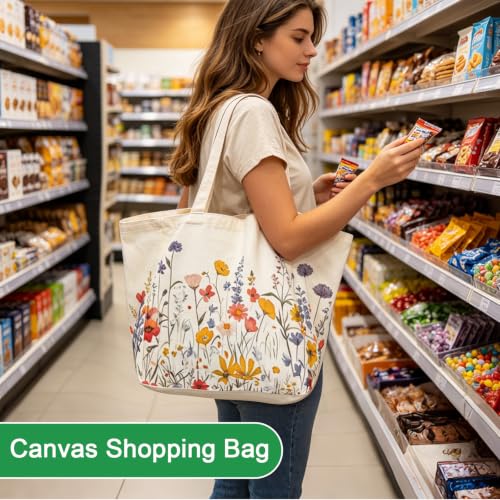 Aesthetic Canvas Reusable Grocery Bags Heavy Duty, 8.3 gal Foldable Large Tote Bag with Handles, Holds 60 lbs & Washable Eco-friendly Bags with 5 Pockets, Beige with a print 1 Bags（Wildflowers） - color: [A4] Flower, size: 1 Pack