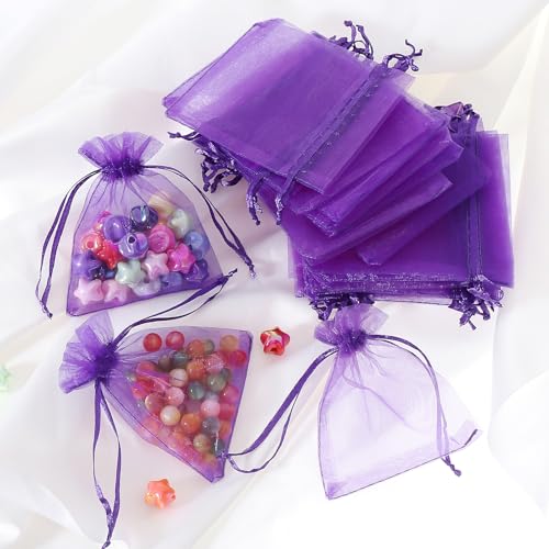 WenTao 100pcs Organza Bags, 3×4 Inches Purple Mesh Bags Drawstring Pouches, Small Gift Bags for Jewelry Bracelets Candy Party Favor - color: Purple