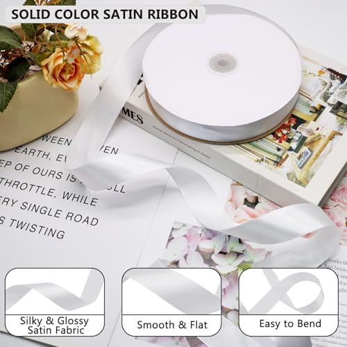 White Satin Ribbon 1 Inch 100 Yards, for Wedding Gift Wrapping - color: White
