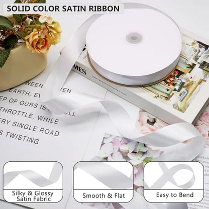 White Satin Ribbon 1 Inch 100 Yards, for Wedding Gift Wrapping - color: White