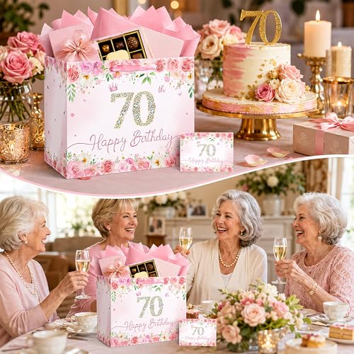 QISOLIY Pink Floral 70th Birthday Gift Bag for Women, Large Happy 70th Birthday Gift Bag with Tissue Paper and Greeting Card Included, Elegant Birthday Present Bag for Mom, Grandma, Sister and Friend - color: 70th