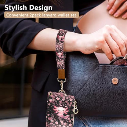 bolimoss Axolot ID Badge Holder & Lanyard Wallet 2-in-1Cute Sakura Womens Small Wallet with Removable Wristlet & Neck Lanyard, Clear Window, 5 Card Slots, Side Zipper Pocket, Ring Keychain - color: Cherry Blossom Axolot