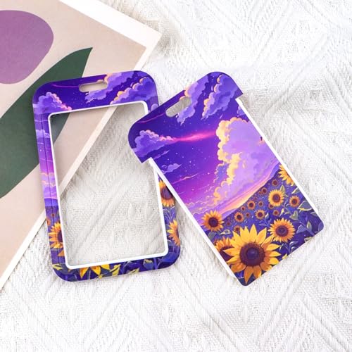 Purple ID Badge Holder with Neck Lanyard, Heavy Duty Retractable Badge Clip with Silky Lanyard, Sunflower Lanyard with Keychain for Women, Girl, Kids - color: Sunflower