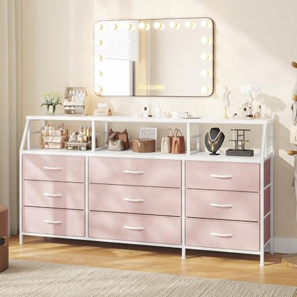 Homkdom Pink Dresser for Bedroom with 9 Fabric Drawers & Display Top Shelf - color: Pink