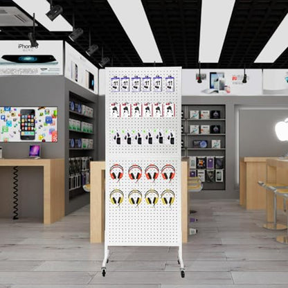 Eastern Tree Metal Pegboard Display Stand 2'x 5' with 30 Hooks, Pegboard Panels Display with Wheels, Peg Board Display Rack, Standing Pegboard Display- White - color: White