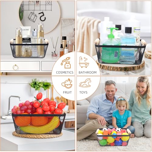 6 Pack Black Wire Basket with Wooden Handle, Storage Bins for Pantry