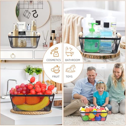 6 Pack Black Wire Basket with Wooden Handle, Storage Bins for Pantry