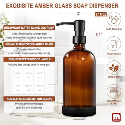 GMISUN Amber Glass Soap Dispenser with Silicone Sleeve Boot, 2 Pack Bathroom Hand Soap Dispensers with Pump, 17 Fl Oz Kitchen Hand and Dish Soap Dispenser Set, Liquid Soap Dispensers Bottle - color: Amber Bottle + Black Pump + Silicone Boot, size: 2 Pack