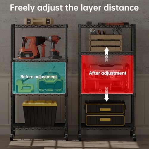 SINGAYE 4 Shelves Storage Wire Shelf Closet Metal Shelving Pantry Wheels - color: Black, size: 4Tier/14"D X 24"W X 49"H