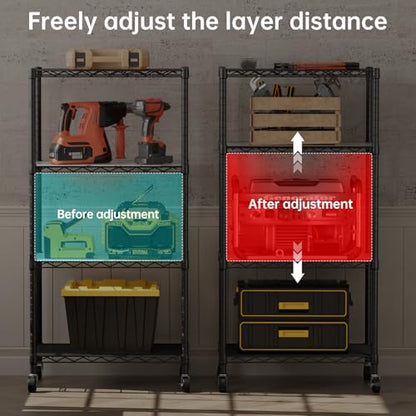 SINGAYE 4 Shelves Storage Wire Shelf Closet Metal Shelving Pantry Wheels - color: Black, size: 4Tier/14"D X 24"W X 49"H