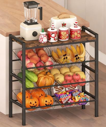 4-Tier Fruit and Vegetable Storage Rack, Freestanding Snack Stand Shelf with 6 Removable Baskets, Small Kitchen Island with Wood Top for Pantry Floor Organization, Black