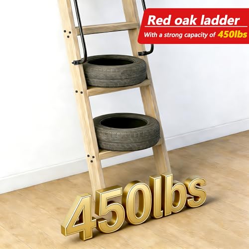 87in Solid Wood Sliding Library Ladder,10 Step Wooden Ladder with Handrails - size: Height 87"