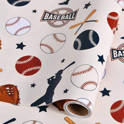 Sikiweiter Baseball Wrapping Paper Roll - 17" x 16.5 ft - Sports Themed Gift Wrap with Baseballs, Bats, Gloves & Player Silhouettes for Birthdays, Team Celebrations, and Baseball Fans(Baseball) - color: Baseball