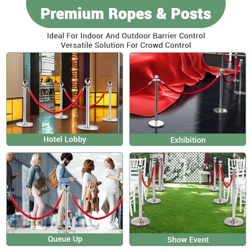 4 Pcs Commercial Stainless Steel Stanchion Posts with 2x5ft Red Velvet Ropes, Quick Setup, Crowd Control Posts and Ropes, Event Barrier with Hollow Base for Queue/Party/Red Carpet