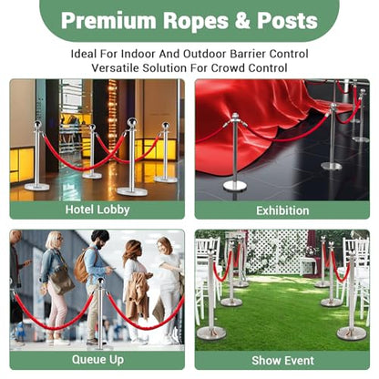 4 Pcs Commercial Stainless Steel Stanchion Posts with 2x5ft Red Velvet Ropes, Quick Setup, Crowd Control Posts and Ropes, Event Barrier with Hollow Base for Queue/Party/Red Carpet