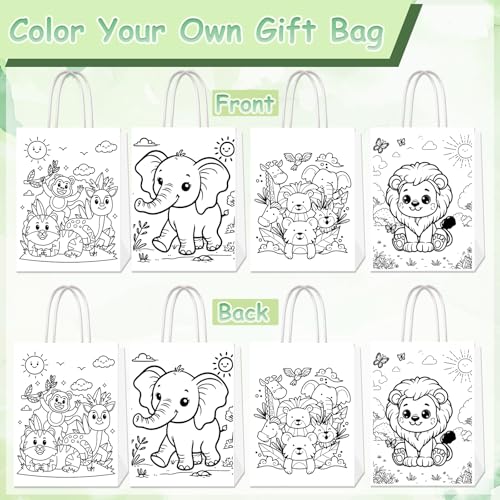 Lyosehy 24Pack Jungle Animal Coloring Paper Bags Color Your Own Animal Bags with Handles Safari Paper Coloring Crafts Art Painting Party Favors Supplies Gifts Wrapping