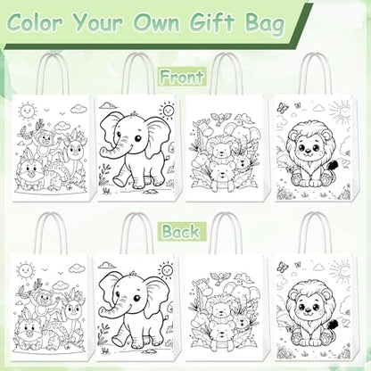 Lyosehy 24Pack Jungle Animal Coloring Paper Bags Color Your Own Animal Bags with Handles Safari Paper Coloring Crafts Art Painting Party Favors Supplies Gifts Wrapping