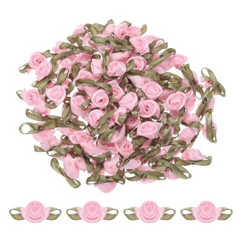 MECCANIXITY 100pcs Pink Ribbon Roses 5/8"x1-3/16" Mini Roses for Crafts Little Satin Bows Roses Artificial Flowers - color: Pink