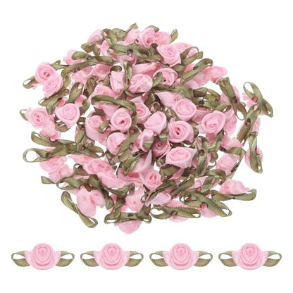 MECCANIXITY 100pcs Pink Ribbon Roses 5/8"x1-3/16" Mini Roses for Crafts Little Satin Bows Roses Artificial Flowers - color: Pink