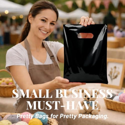 100 Count Black Plastic Gift Bags with Handles, 9 x 12 Inch - color: 09-Black, size: 9"x12"
