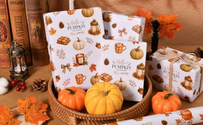Sikiweiter Fall Pumpkin Wrapping Paper Roll, 17 Inches x 16.5 Feet, Autumn Pumpkin Plaid Bow Maple Leaf Cozy Gift Wrap for Thanksgiving and Fall Harvest(Autumn) - color: Autumn
