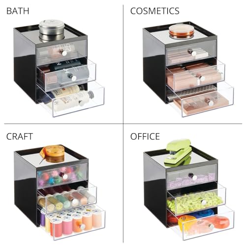 mDesign Makeup Organizer Storage Station Cube with 3 Drawers for Bathroom Vanity, Cabinet, Countertops - Holds Lip Gloss, Eyeshadow Palettes, Brushes, Blush, Mascara - Black/Clear - color: Black/Clear
