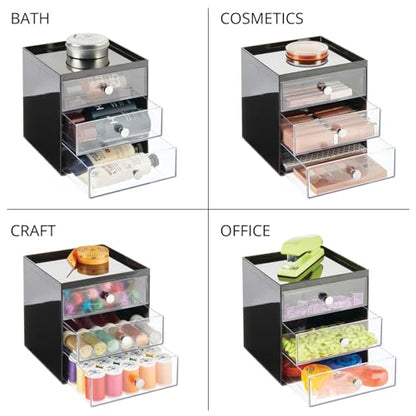mDesign Makeup Organizer Storage Station Cube with 3 Drawers for Bathroom Vanity, Cabinet, Countertops - Holds Lip Gloss, Eyeshadow Palettes, Brushes, Blush, Mascara - Black/Clear - color: Black/Clear