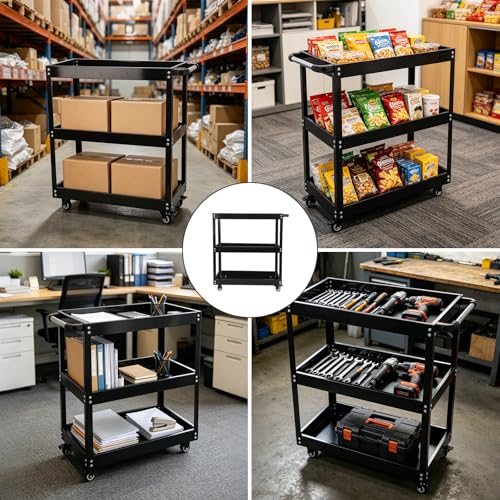 3-Tier Utility Cart, 330 Lbs Load Capacity, Heavy Duty Rolling Tool Cart with Wheels, Black Steel Service Cart for Workshop and Garage Storage