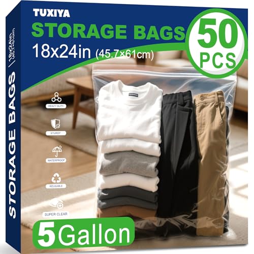 TUXIYA 50PACK 5 Gallon Large Zipper Bags for Storage 18" x 24" Storage Bags - color: 18x24 Inch(Pack of 50)