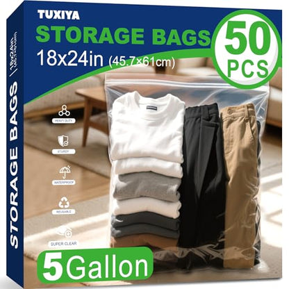 TUXIYA 50PACK 5 Gallon Large Zipper Bags for Storage 18" x 24" Storage Bags - color: 18x24 Inch(Pack of 50)