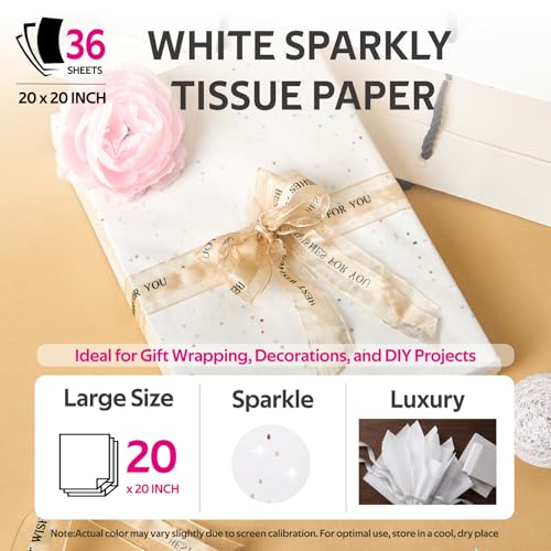 SUNCOLOR 36 Sheets Glitter White Tissue Paper, 20 x 20 Inch Sparkly Wrapping Paper for Gifts, Crafts, Weddings, Baby Showers, Packaging - color: White